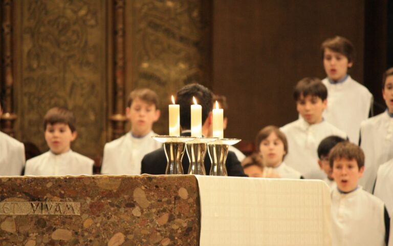 Young choir boys singing during a church ceremony with lit candles on the altar.